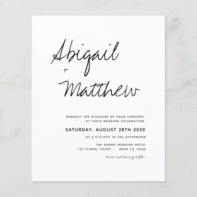 Budget Boho Schwarz-weiß Moderne Hochzeitseinladun (Vorderseite)