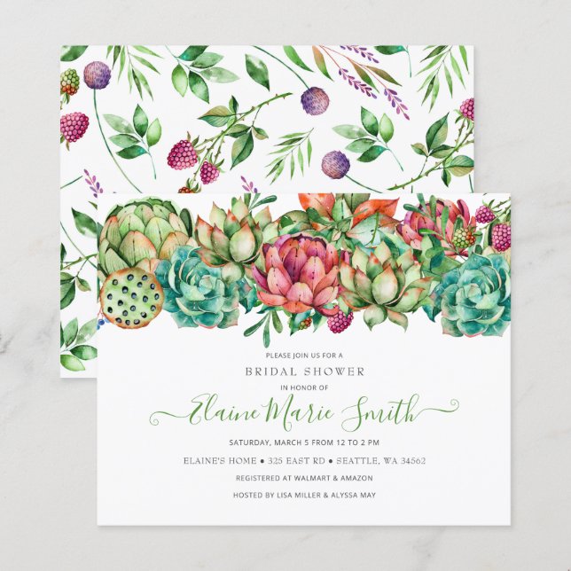 Budget Boho Succulent Bridal Dusche Einladung (Vorne/Hinten)
