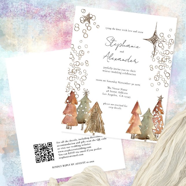 Budget Boho Trees Stars QR Code Weihnachtsfeier (Front and back view)