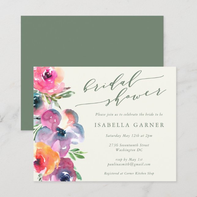 Budget Boho Watercolor Blume Brautparty Einladung (Vorne/Hinten)