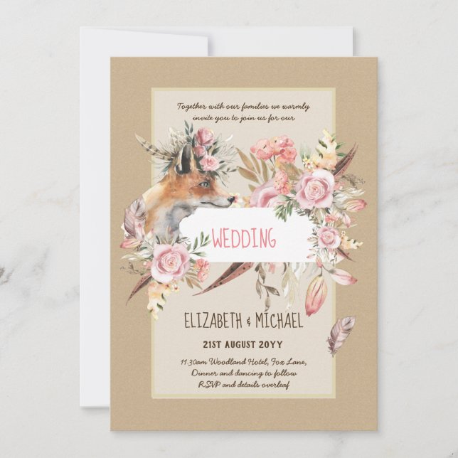 BUDGET Boho Woodland FOX Floral Wedding Modern Einladung (Vorderseite)