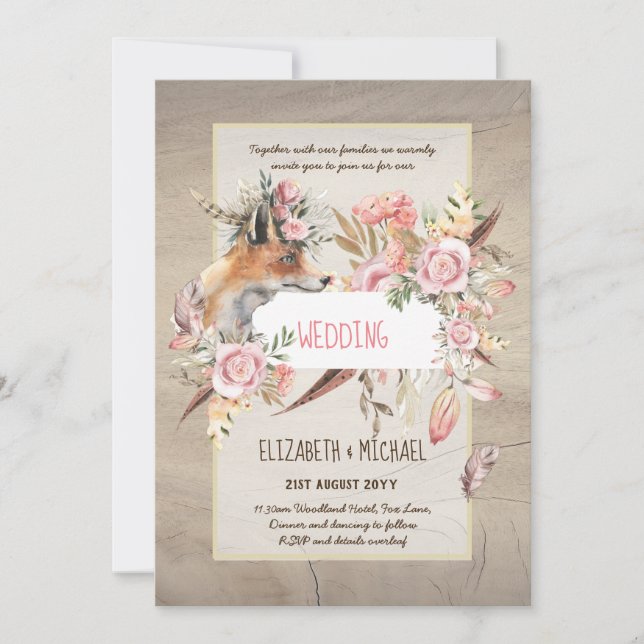BUDGET Boho Woodland FOX Floral Wedding Modern Einladung (Vorderseite)