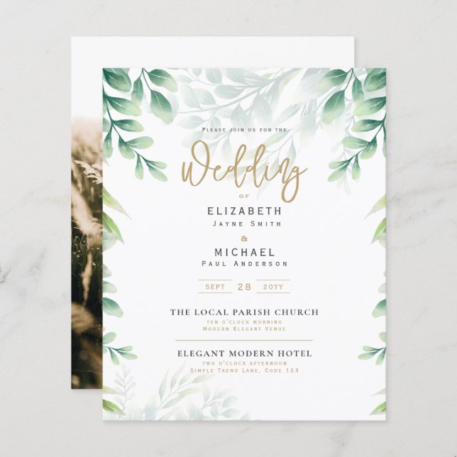 Budget Botanical Eucalyptus Wedding INVITE (Vorne/Hinten)