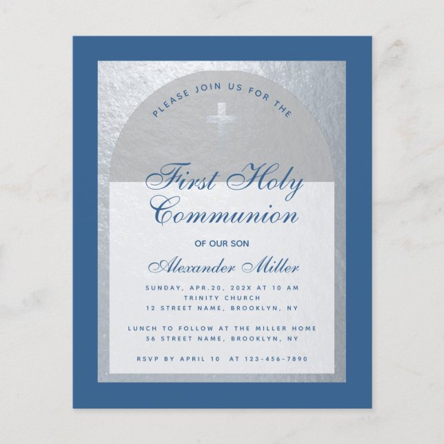Budget Boy First Communion Blue Silver Einladung (Vorderseite)