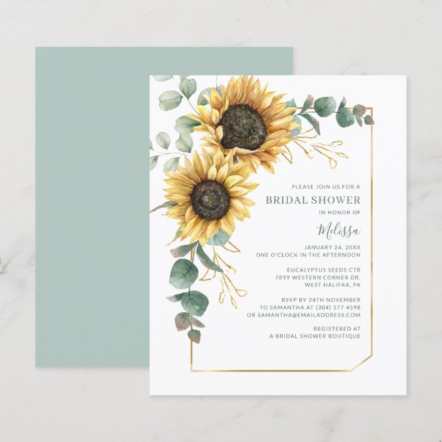 Budget Brautparty Sonnenblume Eukalyptus Einladung (Vorne/Hinten)