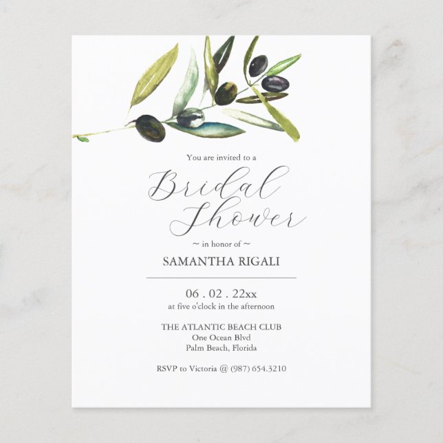Budget Bridal Dusche Einladungen Wasserfarben Oliv Flyer (Vorne)