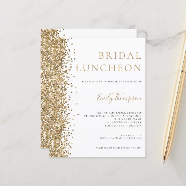 Budget Bridal Luncheon Gold Glitzer Einladung (Vorderseite/Rückseite Beispiel)