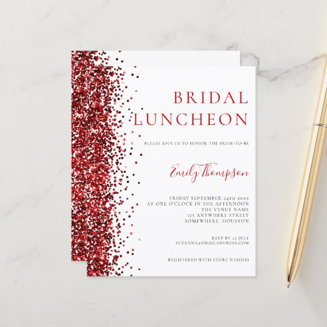 Budget Bridal Luncheon Roter Glitzer Einladung (Vorderseite/Rückseite Beispiel)