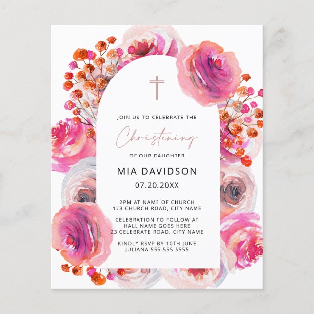Budget Bright Watercolor Floral Arch Christening Flyer (Vorne)