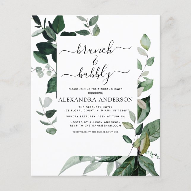 Budget Brunch & Bubbly Brautparty Greenery Flyer (Vorne)