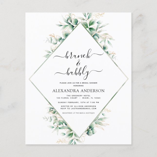 Budget Brunch & Bubbly Brautparty Greenery Flyer (Vorne)