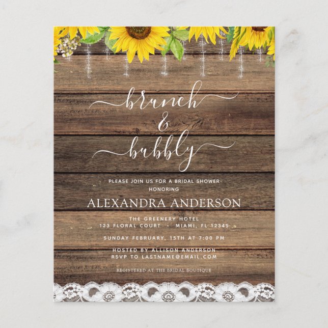 Budget Brunch & Bubbly Brautparty Sonnenblumen Flyer (Vorne)