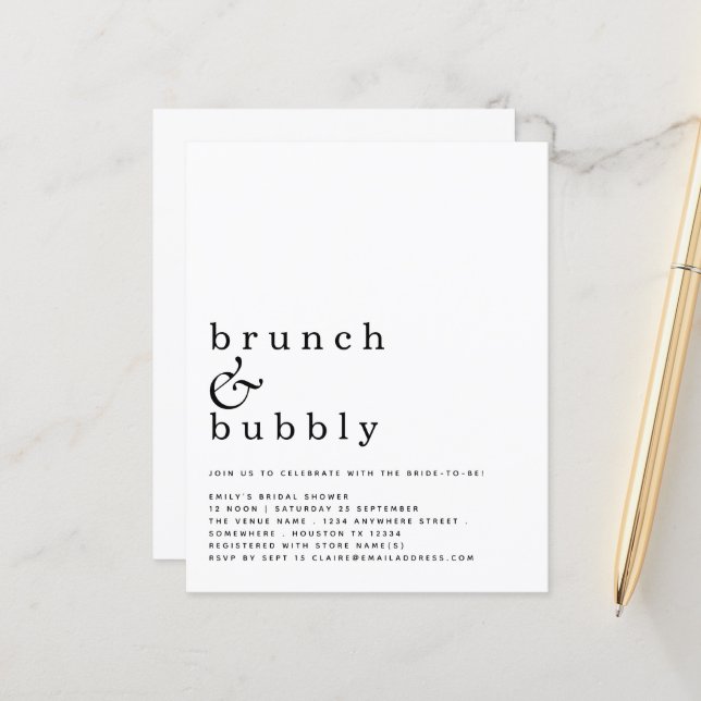Budget Brunch Bubbly Simple Brautparty Einladung (Vorderseite/Rückseite Beispiel)