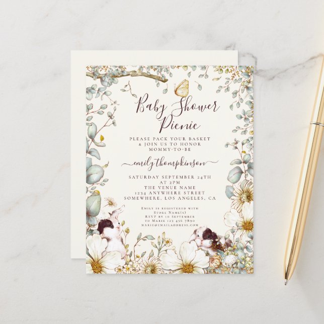 Budget Bunnies Baby Shower Picnic Girl Boy Einladu (Vorderseite/Rückseite Beispiel)