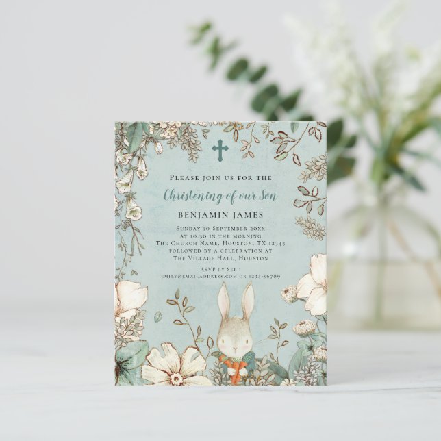 Budget Bunny Foto Boy Christening Taufen Einladung (Stehend Vorderseite)