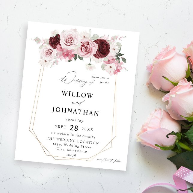 Budget Burgund & Blush Pink 6 Ele Floral Wedding Flyer (Von Creator hochgeladen)