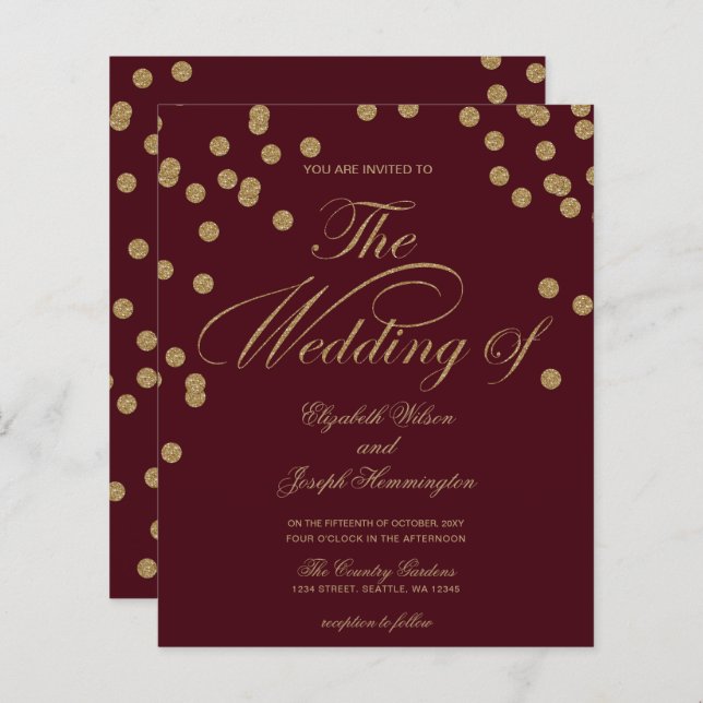 Budget Burgund Glitzer Confetti Einladung (Vorne/Hinten)