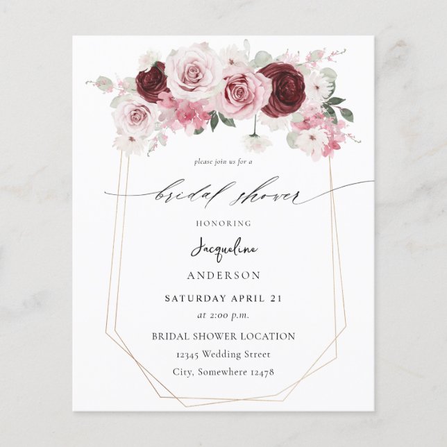 Budget Burgund & Pink Ele Floral Brautparty 2 Flyer (Vorne)