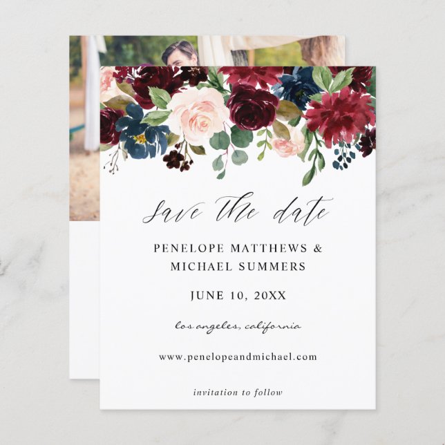 Budget Burgund & Pink Save the Date Foto (Vorne/Hinten)