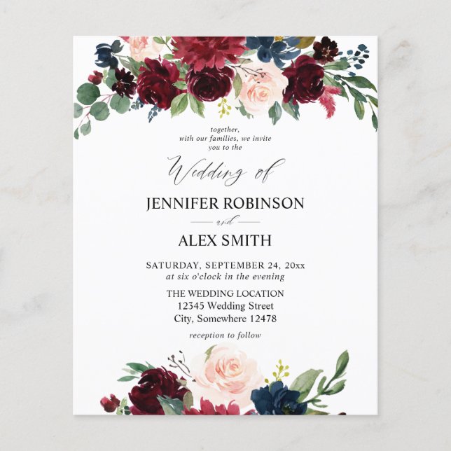 Budget Burgund, Rosa, und Navy Floral Wedding 2 Fl Flyer (Vorne)