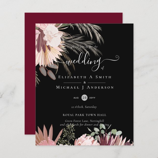 BUDGET Burgund Wein Pampas Grass Tropische Hochzei (Vorne/Hinten)