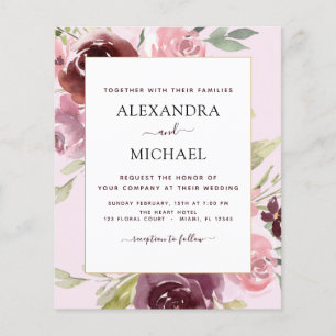 Budget-Burgunder-Rosa-Blumen-Hochzeitseinladung Flyer