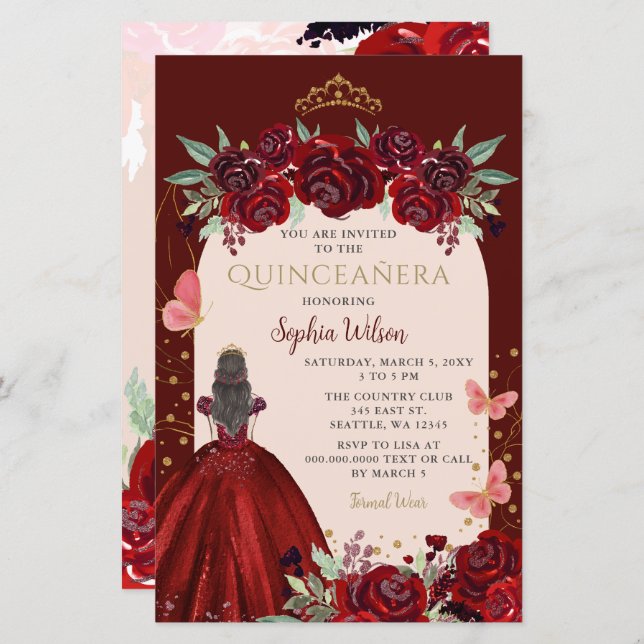 Budget Burgundi Gold Floral Prinzessin Quinceañera (Vorne/Hinten)