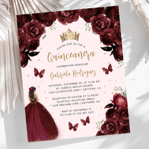 Budget Burgundi Gold Floral Prinzessin Quinceañera