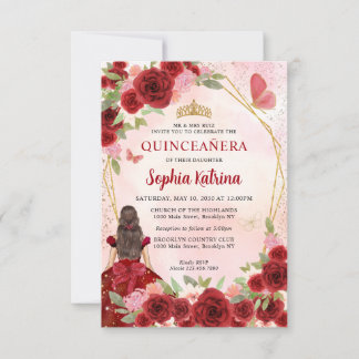 Budget Burgundi Gold Floral Prinzessin Quinceañera Mitteilungskarte