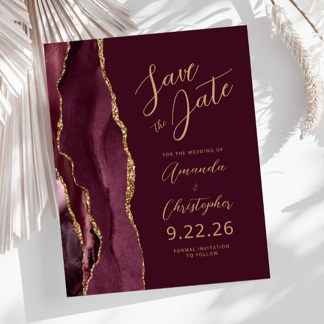 Budget Burgundy Agate Gold Script Save the Date (Von Creator hochgeladen)