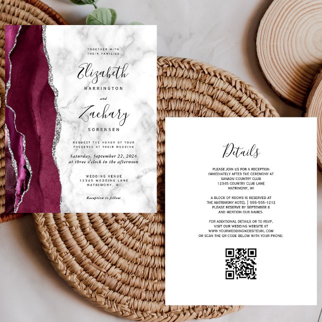 Budget Burgundy Agate Marble QR Code Wedding (Von Creator hochgeladen)