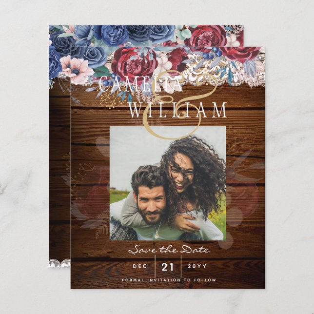 Budget Burgundy Blue Floral Lace Wedding RETT DATE (Vorne/Hinten)