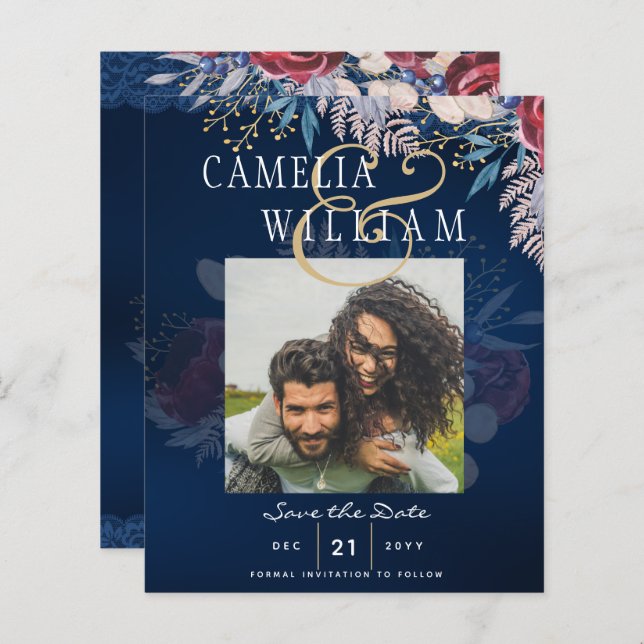 Budget Burgundy Blue Floral Lace Wedding RETT DATE (Vorne/Hinten)