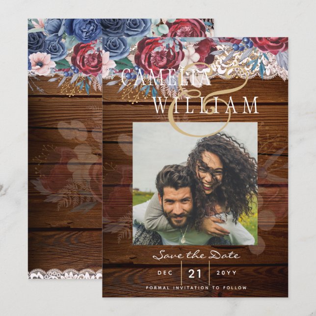 Budget Burgundy Blue Floral Lace Wedding RETT DATE Einladung (Vorne/Hinten)