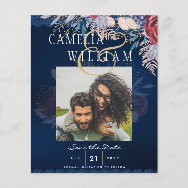 Budget Burgundy Blue Floral Lace Wedding RETT DATE Flyer (Vorne)