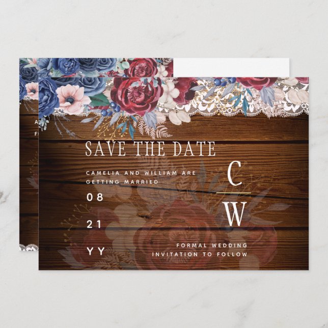 Budget Burgundy Blue Floral Lace Wedding RETT DATE Save The Date (Vorne/Hinten)