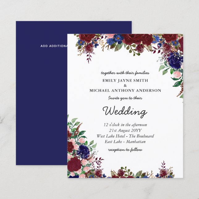 Budget Burgundy Blue Floral Wedding Einladungen (Vorne/Hinten)