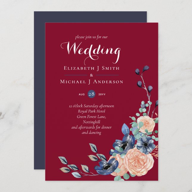 Budget Burgundy Blue Peach Floral Wedding (Vorne/Hinten)