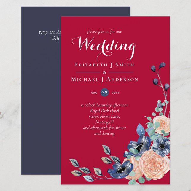 Budget Burgundy Blue Peach Floral Wedding (Vorne/Hinten)