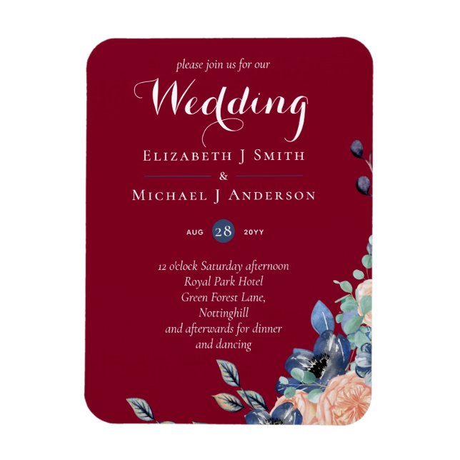 Budget Burgundy Blue Peach Floral Wedding Magnet (Vertikal)
