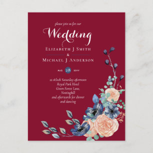 Budget Burgundy Blue Peach Floral Wedding Postkarte