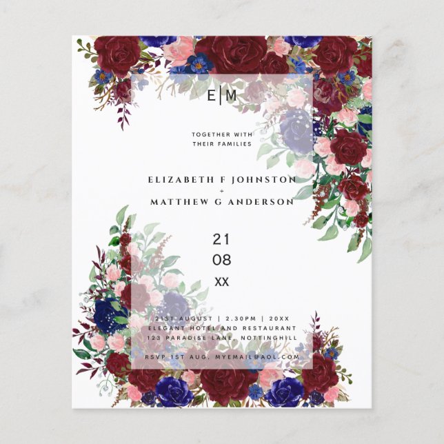Budget Burgundy Blue Pink Floral Wedings Einladung (Vorderseite)