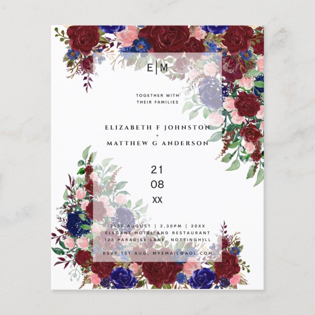 Budget Burgundy Blue Pink Floral Wedings Einladung (Vorderseite)