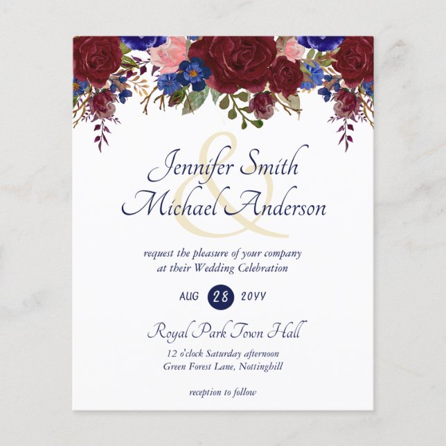 Budget Burgundy Blue Pink Hochzeitseinladungen (Vorderseite)