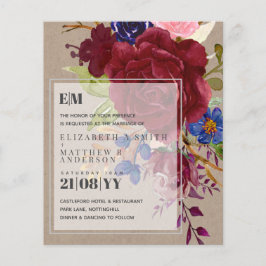 Budget Burgundy Blue Rose Floral Wedding Einladung
