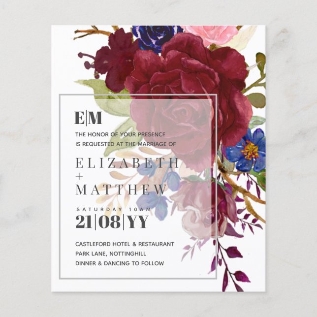 Budget Burgundy Blue Rose Floral Wedding Einladung (Vorderseite)