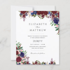 Budget Burgundy Blue Rose Floral Wedding Einladung