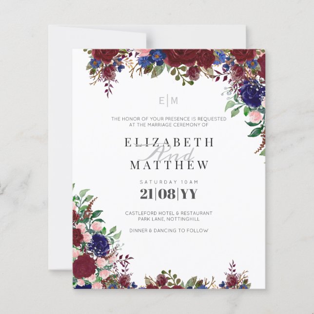 Budget Burgundy Blue Rose Moderne Hochzeiten Einla (Vorderseite)