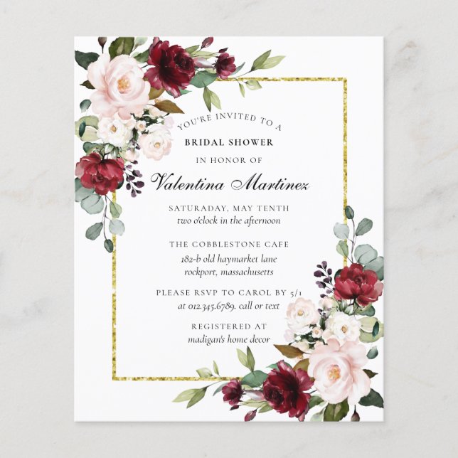 Budget Burgundy Blumendusche Einladung (Vorderseite)