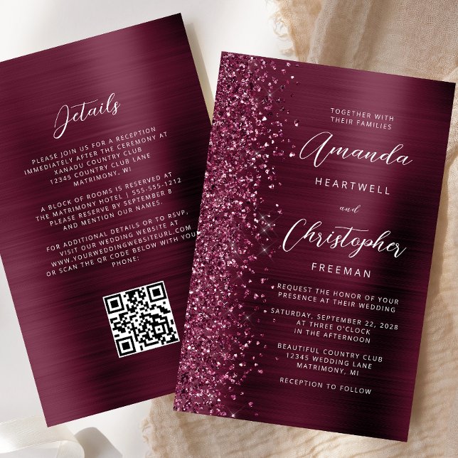 Budget Burgundy Brushed Metal QR Code Hochzeit (Von Creator hochgeladen)